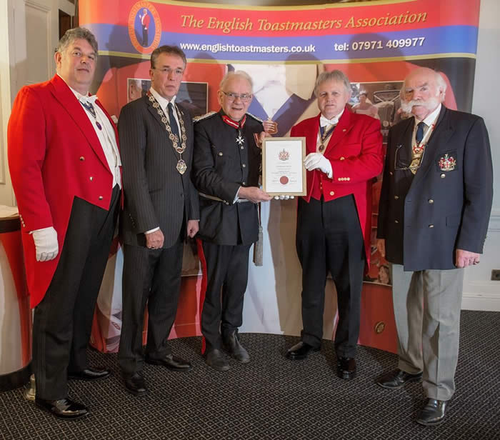 The English Toastmasters Association received our Royal Foundation Charter from the Chairman of the Royal Society of St. George